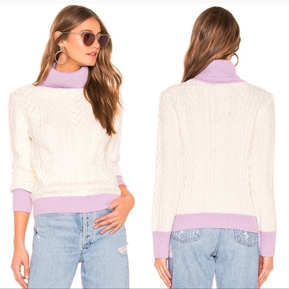 Tularosa‎ Small Wool Blend White Purple Colorblock Cable Knit Turtleneck Sweater
